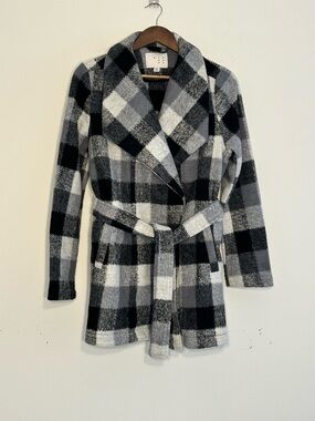 A New Day Black Gray Plaid Belted Coat XS